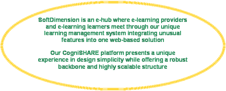 Oval: SoftDimension is an e-hub where e-learning providers and e-learning learners meet through our unique learning management system integrating unusual features into one web-based solution

Our CogniSHARE platform presents a unique experience in design simplicity while offering a robust backbone and highly scalable structure

