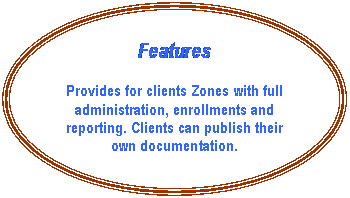 Oval: Features

Provides for clients Zones with full administration, enrollments and reporting. Clients can publish their own documentation.


